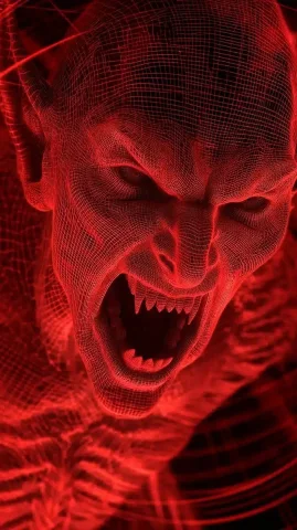 Wireframe Vampire in Red Light — Midjourney v6 AI Prompt: demonic vampire face expressing incredible evil glee while trapped inside a beam...