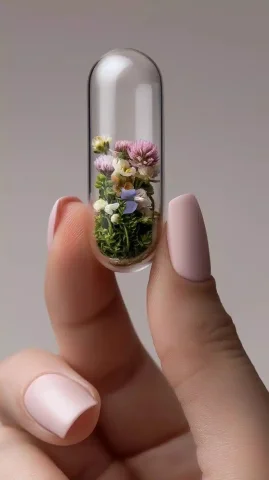 Glass Capsule with Flowers — Midjourney v6 AI Prompt: A small transparent glass capsule filled with lush green grass and colorful wild...
