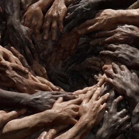 Interlocking Hands Spiral Photorealism — Midjourney v6 AI Prompt: a massive nexus of interweaving and interlocking hands of various skin pigments...