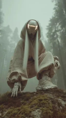 Cinematic Techwear Cyborg Chase — Midjourney v6 AI Prompt: Photo-surrealism, hyper-realistic, dramatic, cinematic, low angle, full body vie...
