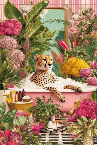 Cheetah Bathtub Jungle Illustration — Midjourney v6 AI Prompt: A whimsical illustration of a cheetah in a bathtub with soap suds, surrounded by...
