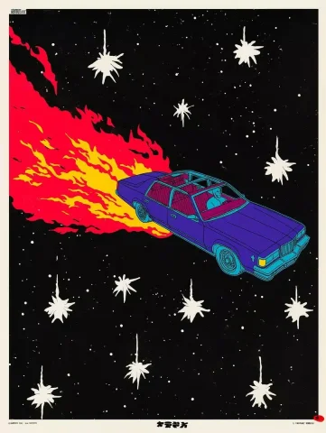 Vintage Rocket Car Poster — Midjourney v6 AI Prompt: A vintage poster of purple abstract flying rocket car from the 2000s in space, f...