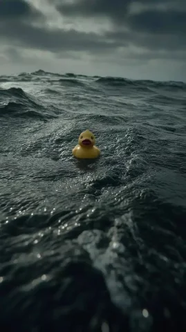 Rubber Duck Ocean Photography — Midjourney v6 AI Prompt: a beautiful close up advertising photo of a rubber duck in the ocean, emotional....
