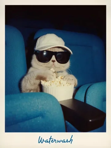 Retro Cat in Theater — Midjourney v6 AI Prompt: 80s polaroid photo of an anthropomorphic Scottish Fold cat wearing black sunglas...