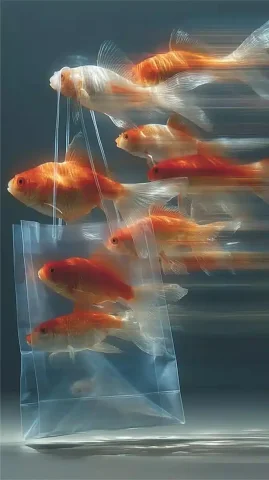 Surreal Goldfish in Bag — Midjourney v6 AI Prompt: a blue shopping bag filled with floating goldfish, visual metaphor for thoughts...