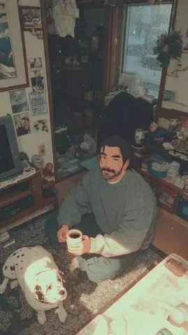 Anime Man with Dalmatian — Midjourney v6 AI Prompt: Anime, Grainy disposable , a handsome man with fade hairstyle and nicely trimed...