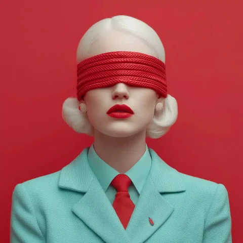 Albino Model with Masks — Midjourney v6 AI Prompt: macro high fashion advertising photograph of a albino woman con venda en los ojo...