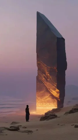 Ethereal Woman and Monolith — Midjourney v6 AI Prompt: a towering, dark stone monolith etched with glowing sound-runes stands alone in...