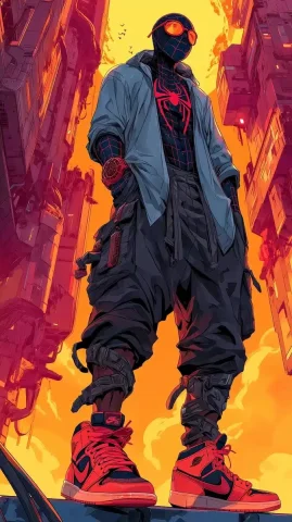 Futuristic Spider-Man in Urban Sci-Fi — Midjourney v6 AI Prompt: Full-body front view of a futuristic, urban Spider-Man character with a black an...