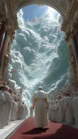 Surreal Pope Francis Ascending — Midjourney v6 AI Prompt: Pope Francis ascending to heaven surrounded by angels and Goddess receiving him-...