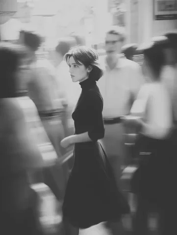Cinematic Motion of Elegance — Midjourney v6 AI Prompt: A black and white photograph of an elegant brunette woman walking through crowd,...