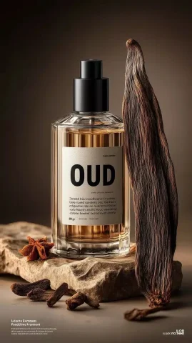 Oud Perfume Bottle Purism — Midjourney v6 AI Prompt: a perfume bottle next to piece of oud with bold typography "OUD", inspired by Év...
