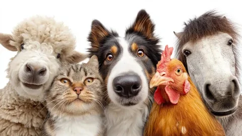 Hyperrealistic Pets Portrait — Midjourney v6 AI Prompt: Five cute pets come to the camera, from left to right: sheep, cat, dog, chicken,...