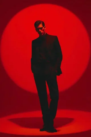 Stylish Model in Spotlight — Midjourney v6 AI Prompt: A stylish European male model stands confidently at the center of a dramatic red...