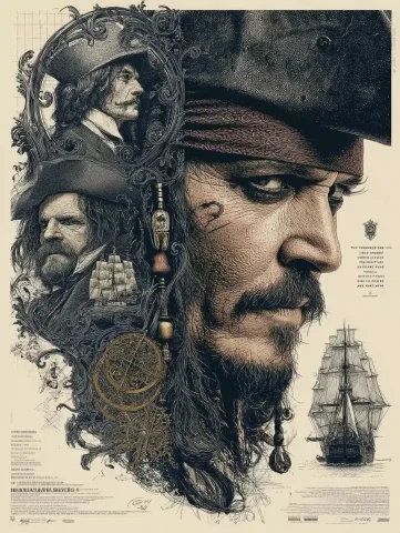 Vintage Woodcut Pirates Poster — Midjourney v6 AI Prompt: A poster for the movie Pirates of The Caribbean, featuring Jack Sparrow and othe...