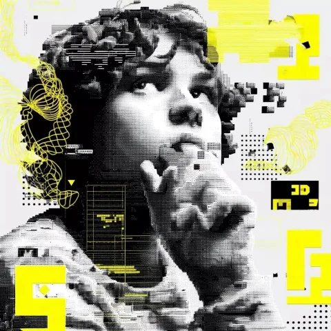 Pixel Art Teen Contemplation — Midjourney v6 AI Prompt: A graphic design poster of a teenager made out of Legos, with their hand on thei...