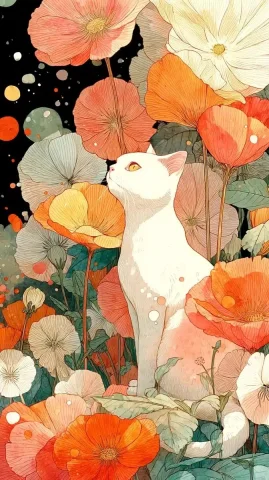 Cat in Floral Field — Midjourney v6 AI Prompt: A cat sitting in the middle of an orange and white flower field, in the style of...