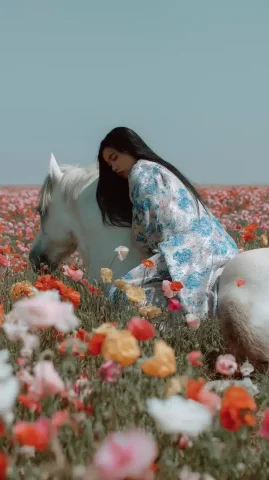 Surreal Woman on Horse — Midjourney v6 AI Prompt: A surreal, dreamlike photo of a young woman with long black hair wearing a blue...