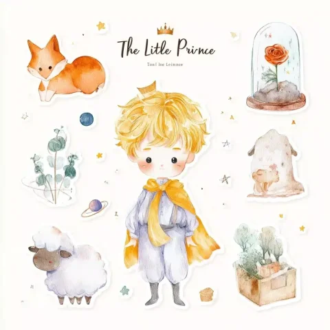 Pastel Watercolor Fantasy Stickers — Midjourney v6 AI Prompt: soft watercolor illustration stickers, inspired by "The Little Prince", featurin...