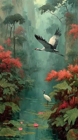 Eagle and Crane in Oil — Midjourney v6 AI Prompt: a majestic eagle soaring high above misty Chinese mountains, while a graceful wh...