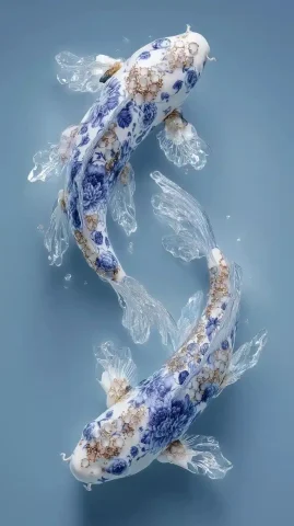 Surreal Koi in Water — Midjourney v6 AI Prompt: porcelain koi with blue and white floral patterns swimming in clear blue water,...