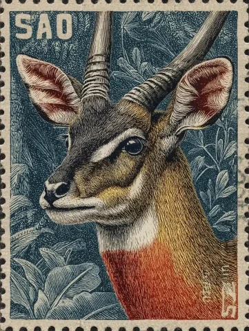 Antelope Postage Stamp Design — Midjourney v6 AI Prompt: close-up A Magnificent Antelope in the style of a postage stamp, fine line engra...