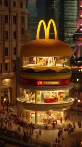 Photorealistic Burger Pop-Up Store — Midjourney v6 AI Prompt: A realistic giant hamburger-shaped multi-level pop-up store on a busy city stree...