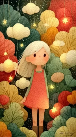 Cartoon Girl Under Lantern — Midjourney v6 AI Prompt: 它描述了一盏灯，灯下有一个女孩。她有一头白云般的头，粉红色的头发，穿着粉红色的裙...