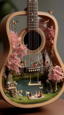 Photorealistic Garden in Guitar — Midjourney v6 AI Prompt: A photorealistic spring garden scene inside an acoustic guitar, with miniature p...