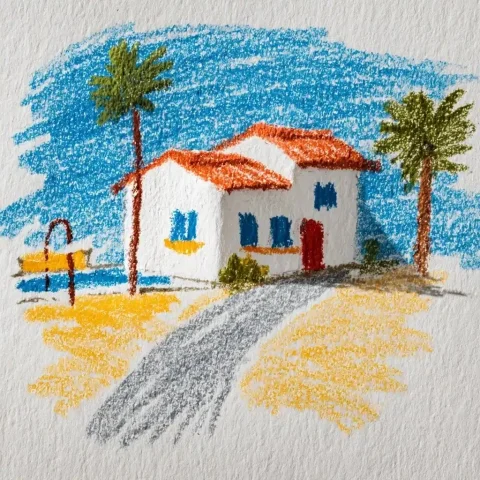Naive Crayon Hotel Scene — Midjourney v6 AI Prompt: simple bold lines, naive scribbled, coloured crayon drawing, of a hotel, swimmin...