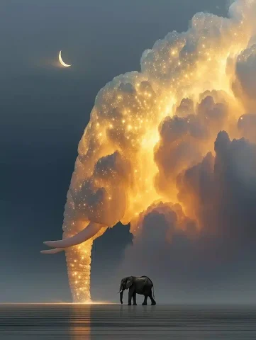 Surreal Elephant in Stars — Midjourney v6 AI Prompt: Dreamscape, elephant, stars, golden composition with negative space, masterpiece...