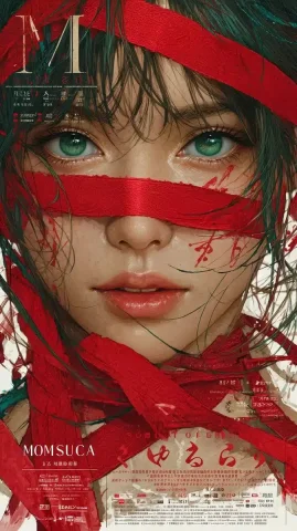 Transparent Woman with Ribbons — Midjourney v6 AI Prompt: A transparent woman with green eyes is surrounded by red ribbons and calligraphy...