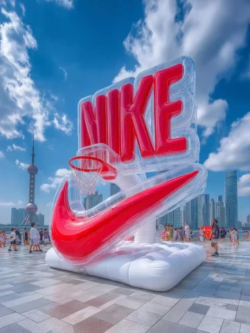 Transparent Basketball Court Installation — Midjourney v6 AI Prompt: Air suspended transparent basketball court, drone array hanging giant Nike logo,...