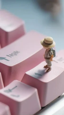 Macro Doll by Keycap — Midjourney v6 AI Prompt: a macro photo of a tiny doll, smaller than a pink keyboard keycap, standing next...
