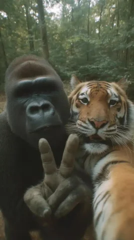 Gorilla and Tiger Peace Sign — Midjourney v6 AI Prompt: A gorilla and a tiger standing side by side, both making a peace sign with one h...