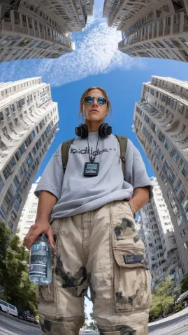 Urban Portrait with Fisheye — Midjourney v6 AI Prompt: Low-angle urban portrait of a stylish young men with blue eyes in the middle of...