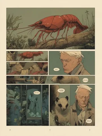 Shrimp and Ferret Comic — Midjourney v6 AI Prompt: a full comic book page in thai about a shrimp living together with a ferret, nor...