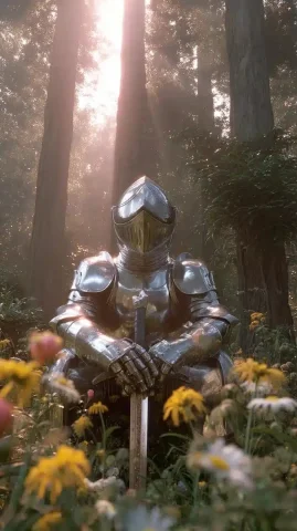 Cinematic Knight in Meadow — Midjourney v6 AI Prompt: A hyper-realistic cinematic portrait of a lone knight in polished silver armor,...