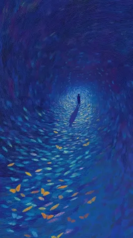 Surreal Butterflies in Tunnel — Midjourney v6 AI Prompt: snowy butterflies,乌比斯环,漩涡洞,micro sobas,waving green gold lines,A really t...