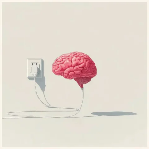 Electric Brain Vector Art — Midjourney v6 AI Prompt: A brain connected to an electric plug, a simple vector illustration with a white...