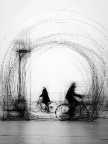 Bauhaus Bikers by Structure — Midjourney v6 AI Prompt: two people riding bikes by a circular structure, in the style of bauhaus photogr...