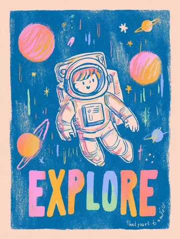 Pastel Astronaut in Space — Midjourney v6 AI Prompt: Generate a hand drawn poster, in style of gouache, inspired by the works of mair...