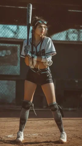 Cyberpunk Baseball Star Ready — Midjourney v6 AI Prompt: gorgeous Latina supermodel female baseball star at homeplate ready to take a swi...