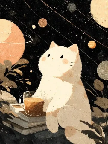 Dreamy Cat in Space — Midjourney v6 AI Prompt: a dreamy cat floating in space with tiny planets, stars, and a cup of tea orbiti...