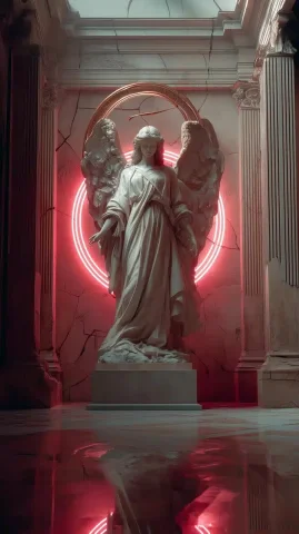Baroque Angel in Neon — Midjourney v6 AI Prompt: A majestic baroque angel statue with wide open wings, illuminated by glowing red...