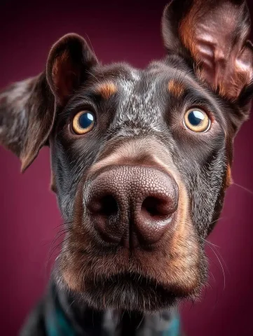 Hyper-Realistic Doberman Portrait — Midjourney v6 AI Prompt: A close-up, hyper-realistic portrait of a curious Doberman dog tilting its head...