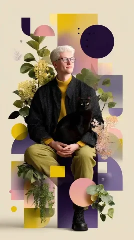 Vector Cat and Man — Midjourney v6 AI Prompt: illustration, vector flat design, bright purple yellow and pink tones, 16 colors...