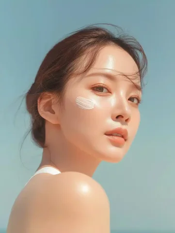 Korean Skincare Model Portrait — Midjourney v6 AI Prompt: Clear blue sky background, sun shining background, skincare model with sunscreen...