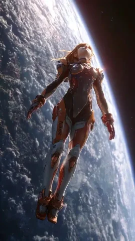 Asuka Floating in Space — Midjourney v6 AI Prompt: Asuka is floating in space, with her eyes closed and her face injured. Tears are...