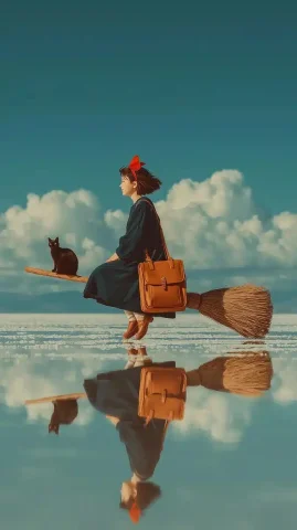 Witch Flying Over Uyuni — Midjourney v6 AI Prompt: A girl wearing a black witch dress and a red bow on her head, flying fast on a b...